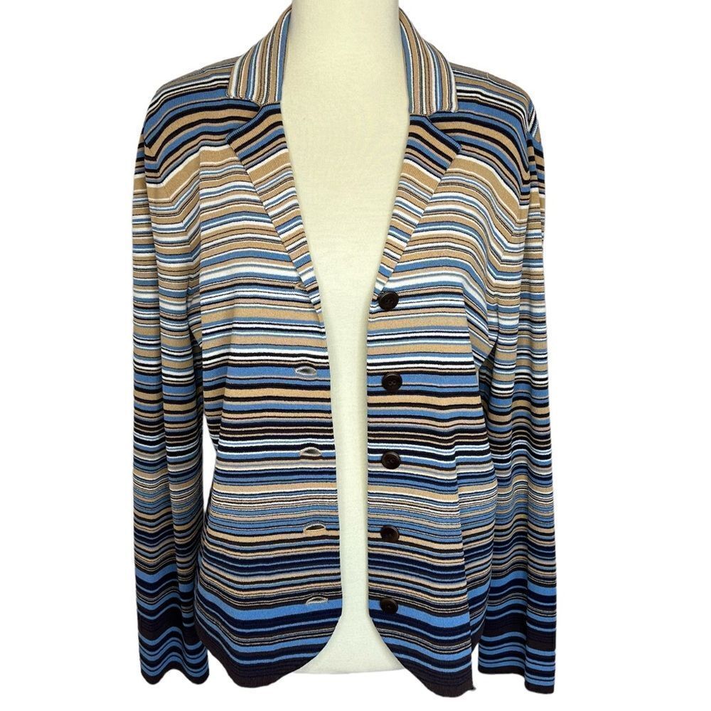 Vintage Jones New York Cardigan Sweater Button Front Size M Striped Blues Tan - Picture 1 of 10